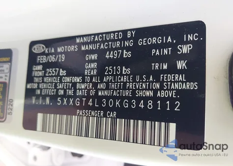 2019 Kia Optima Lx из США, поврежденный, VIN 5XXGT4L30KG348112